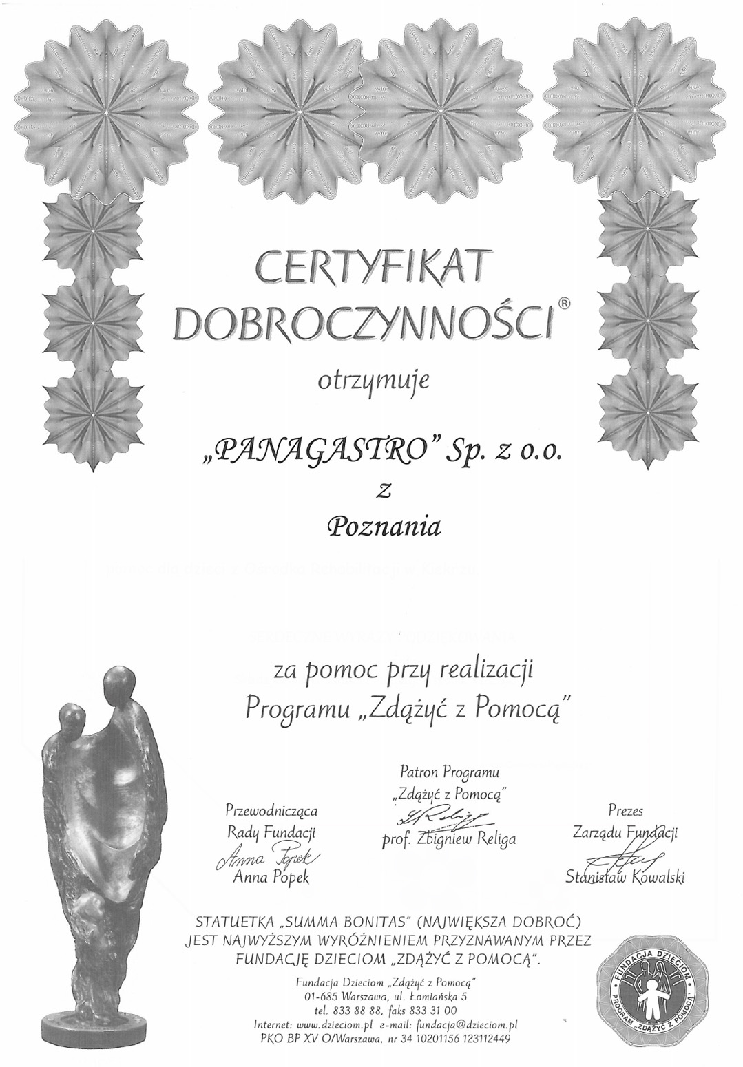 Zdążyć z Pomocą - Certyfikat Dobroczynności